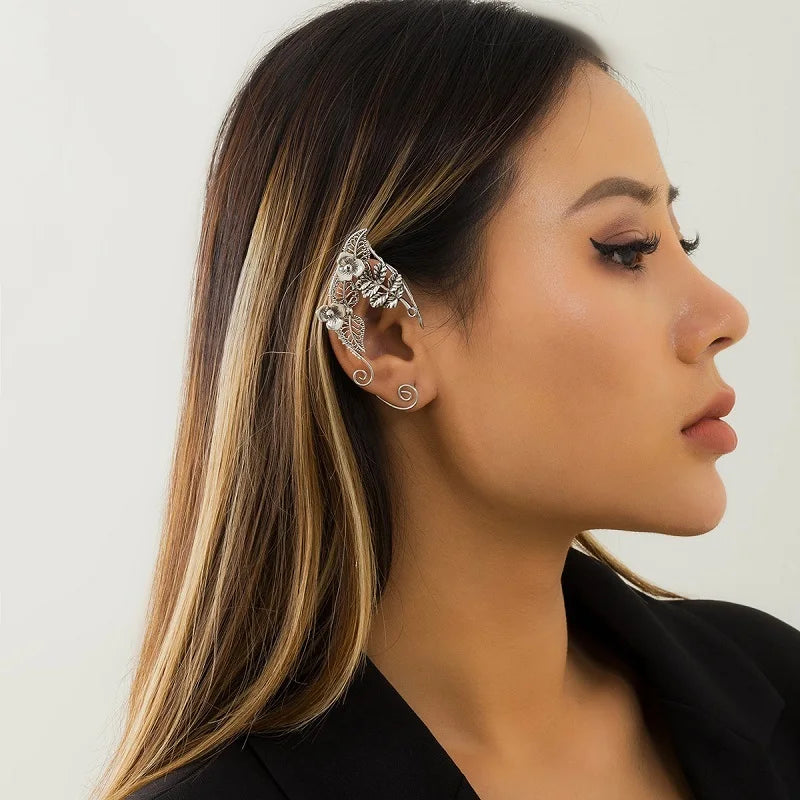 Vintage Rose Elf Ear Cuffs Silver Hollow Metal Leaf Earrings