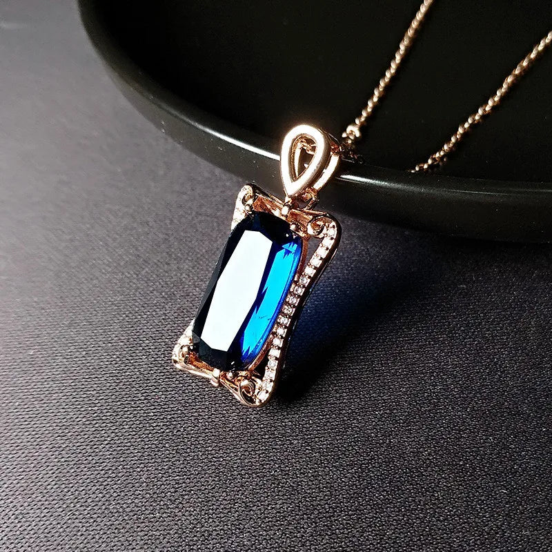 Royal Crystal Sapphire Gemstone Pendant Necklace 18k Rose Jewelry