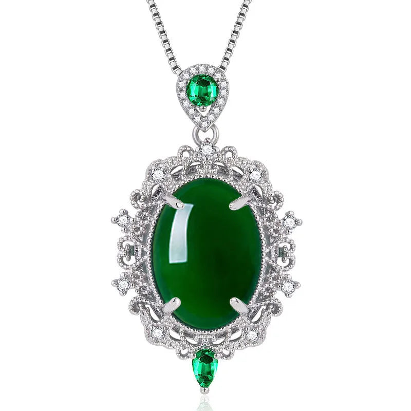 Vintage Royal Green Jade Emerald Pendant Necklace 18k Filled