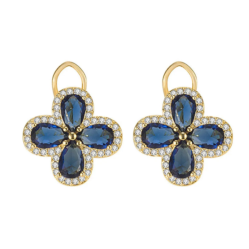 Vintage Royal Clover Crystal Sapphire Gemstones Diamonds Stud Earrings for Women