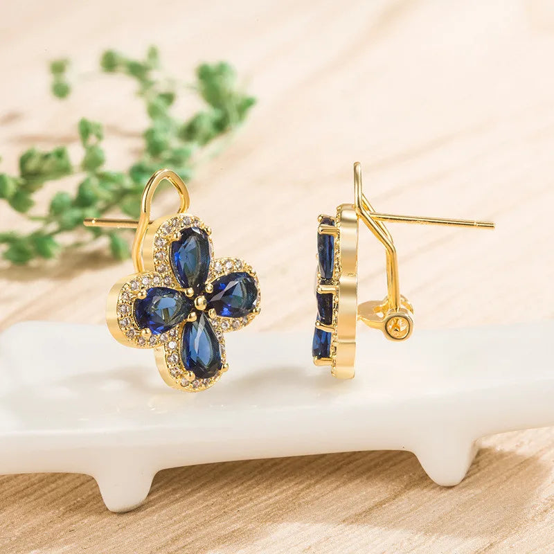 Vintage Royal Clover Crystal Sapphire Gemstones Diamonds Stud Earrings for Women