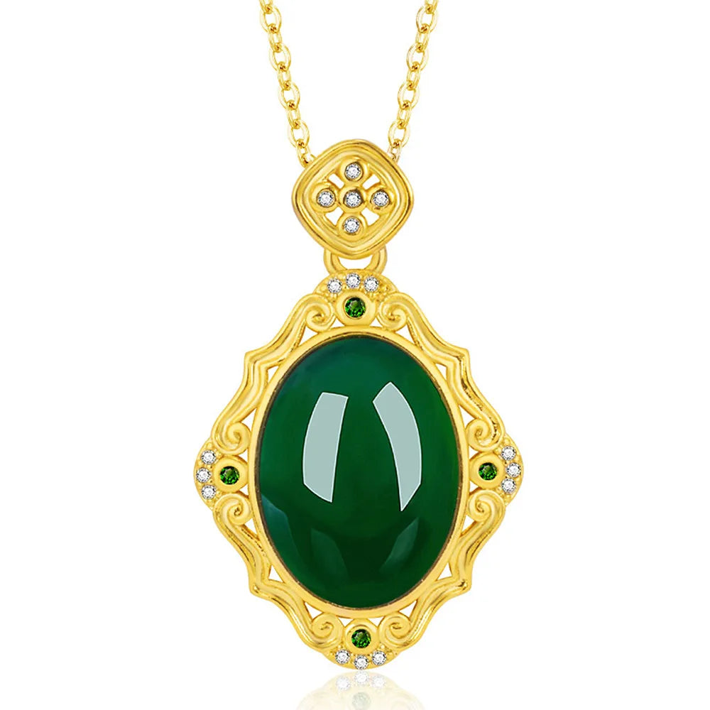 Vintage Green Jade Emerald Gemstone Diamond Pendant Necklace 18k Filled