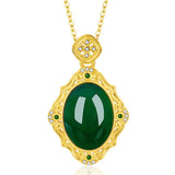 Vintage Green Jade Emerald Gemstone Diamond Pendant Necklace 18k Filled