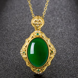 Vintage Green Jade Emerald Gemstone Diamond Pendant Necklace 18k Filled