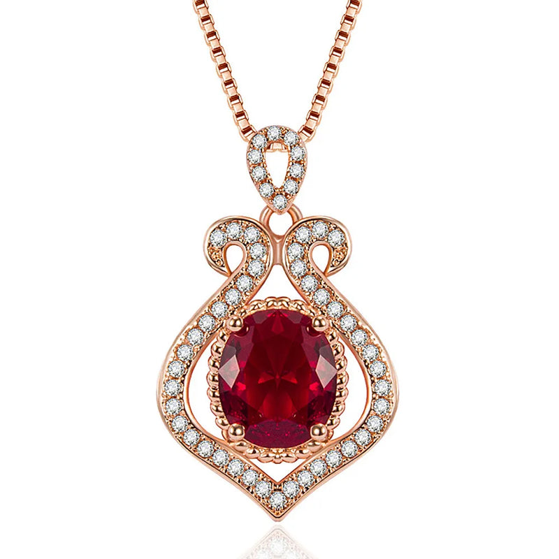 Vintage Royal Ruby Gemstones Drop Pendant Necklace 18k Rose Filled