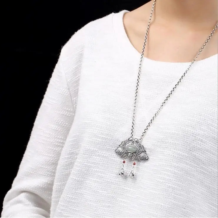 Vintage S925 Silver Hetian Jade South Red Inlaid Peony Flower Pendant