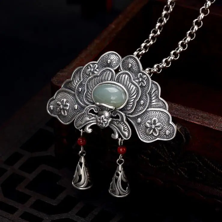 Vintage S925 Silver Hetian Jade South Red Inlaid Peony Flower Pendant