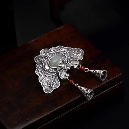 Vintage S925 Silver Hetian Jade South Red Inlaid Peony Flower Pendant
