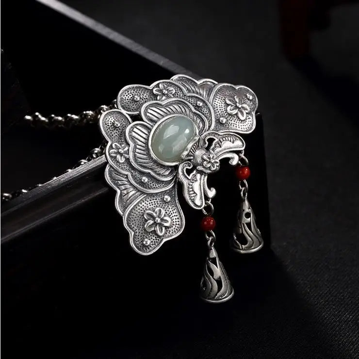 Vintage S925 Silver Hetian Jade South Red Inlaid Peony Flower Pendant