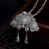 Vintage S925 Silver Hetian Jade South Red Inlaid Peony Flower Pendant