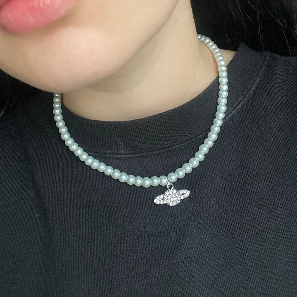 Saturn Pearl Choker Necklace Y2K Jewelry Crystal Zircon Pendant