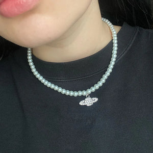 Saturn Pearl Choker Necklace Y2K Jewelry Crystal Zircon Pendant