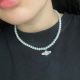 Saturn Pearl Choker Necklace Y2K Jewelry Crystal Zircon Pendant