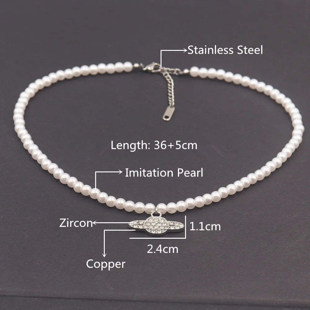 Saturn Pearl Choker Necklace Y2K Jewelry Crystal Zircon Pendant