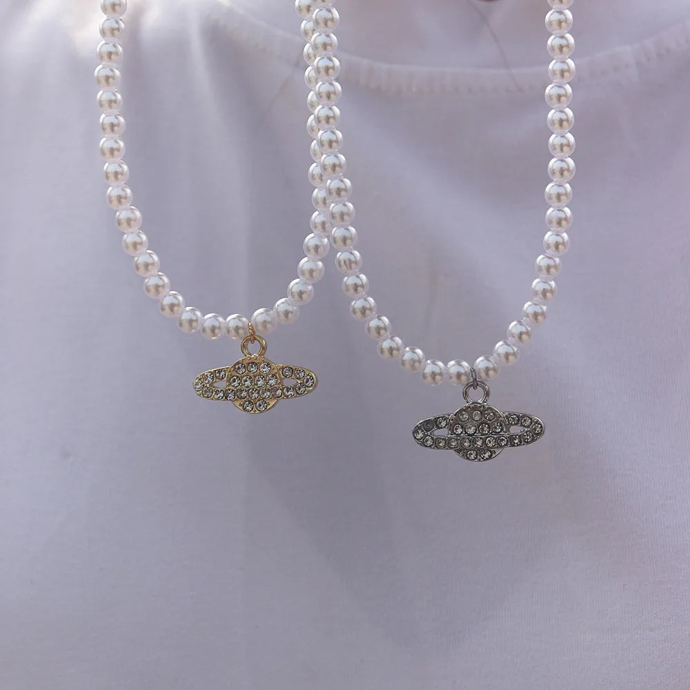 Saturn Pearl Choker Necklace Y2K Jewelry Crystal Zircon Pendant