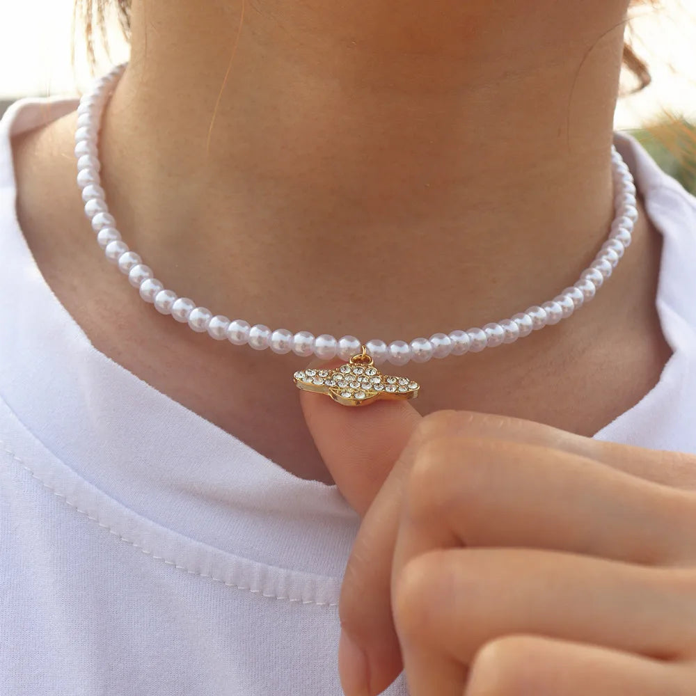 Saturn Pearl Choker Necklace Y2K Jewelry Crystal Zircon Pendant