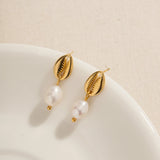 Vintage Shell Stud Freshwater Pearl Drop Earrings