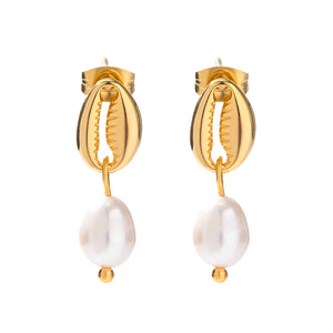 Vintage Shell Stud Freshwater Pearl Drop Earrings