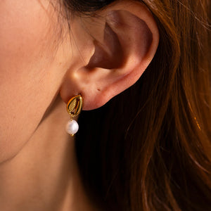 Vintage Shell Stud Freshwater Pearl Drop Earrings