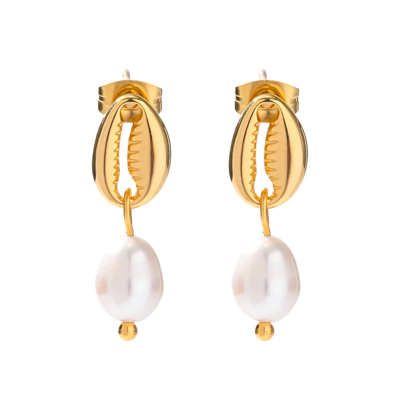 Vintage Shell Stud Freshwater Pearl Drop Earrings
