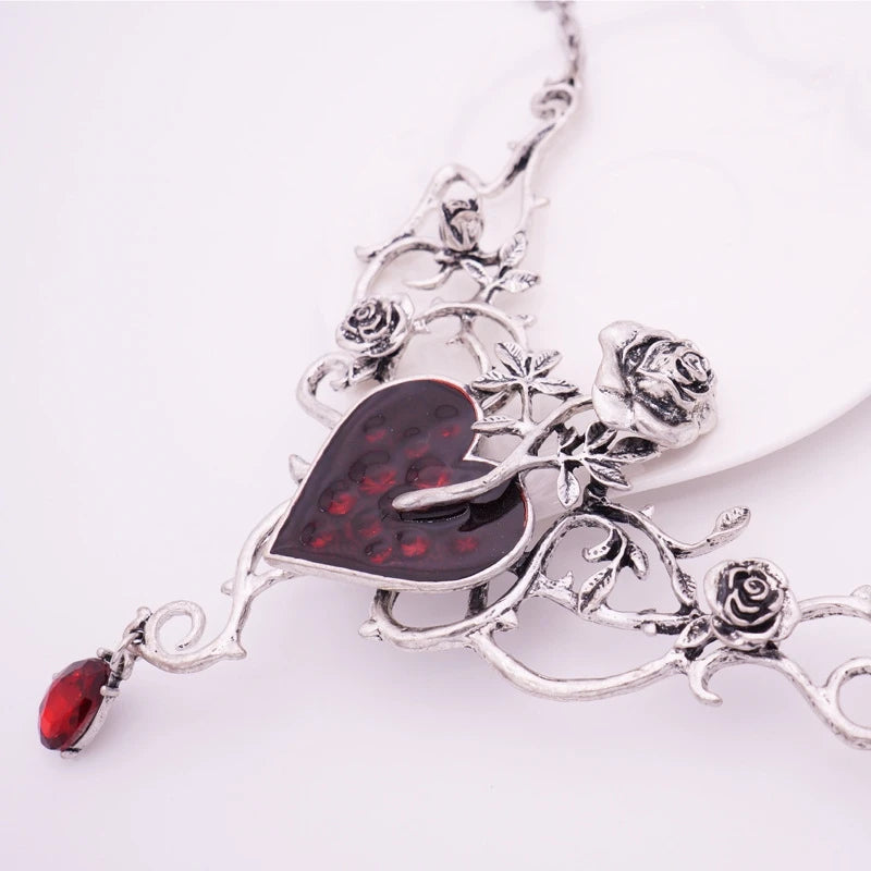 Crystal Red Heart Pendant Necklace Gothic Rose Choker Halloween Party