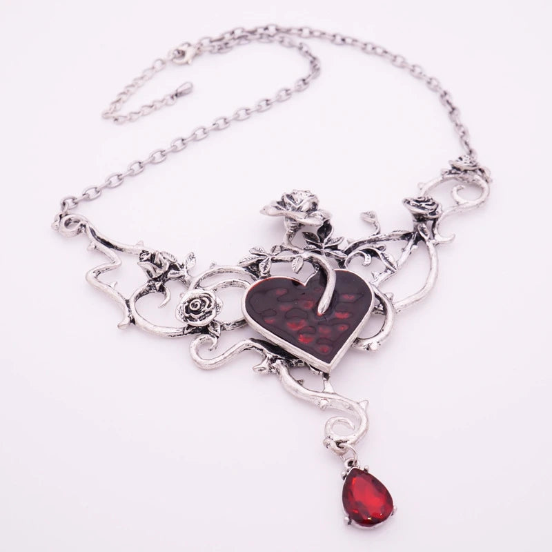 Crystal Red Heart Pendant Necklace Gothic Rose Choker Halloween Party