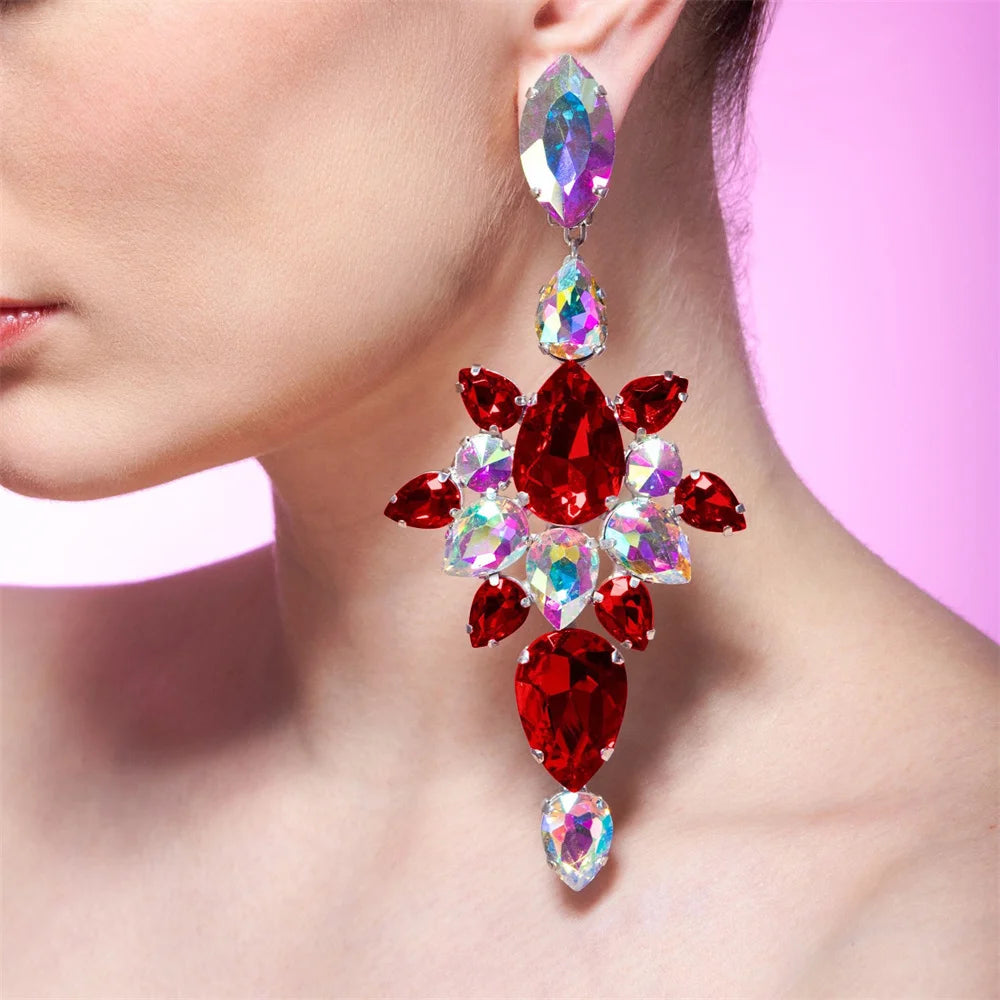 Vintage Red & AB Crystal Pendant Earrings Bridal Wedding Bling
