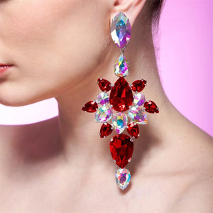 Vintage Red & AB Crystal Pendant Earrings Bridal Wedding Bling
