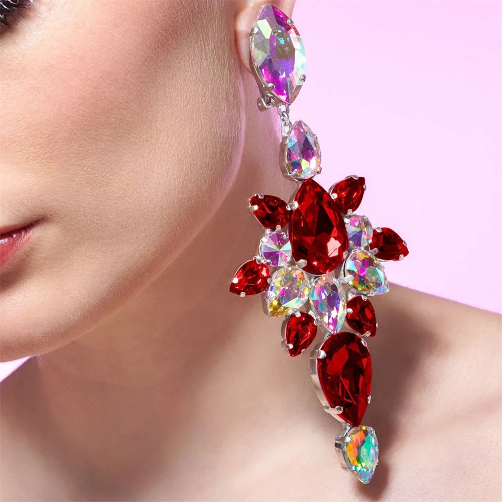 Vintage Red & AB Crystal Pendant Earrings Bridal Wedding Bling