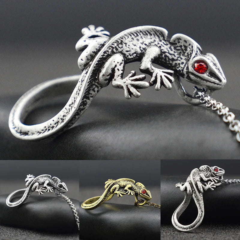 Vintage Silver Crystal Eye Lizard Pendant Necklace Retro Animal Charms