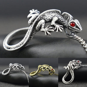 Vintage Silver Crystal Eye Lizard Pendant Necklace Retro Animal Charms
