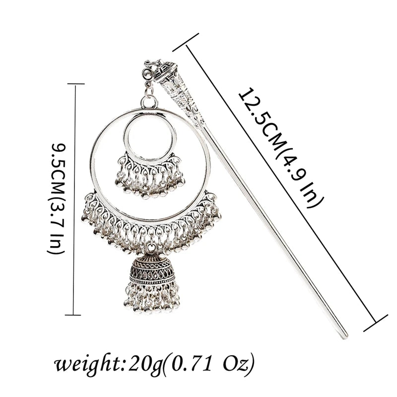 Silver Indian Bells Hairpin Tassel Pendant Hair Sticks for Women
