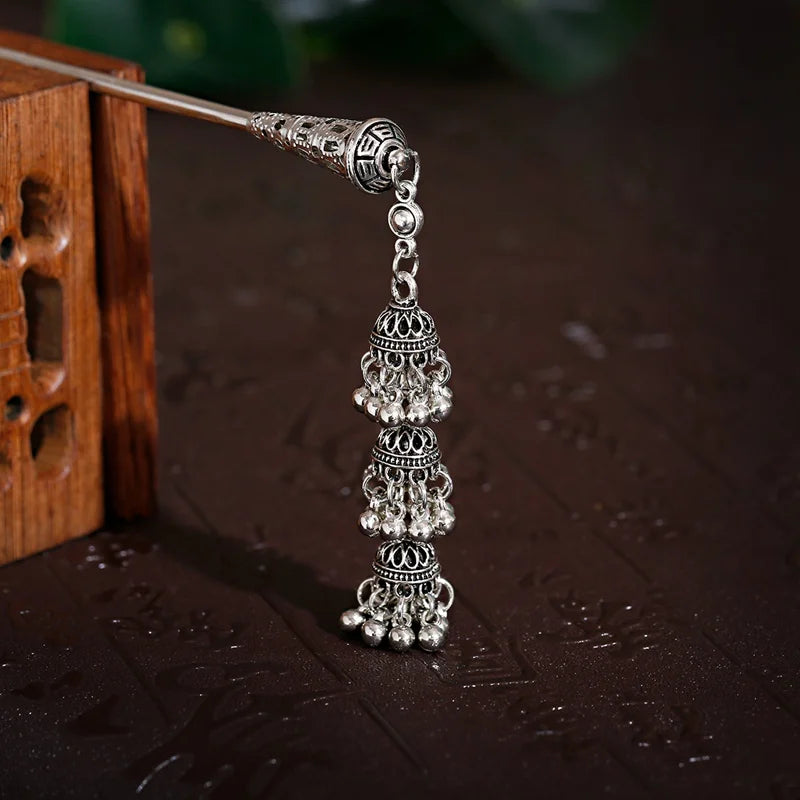 Silver Indian Bells Hairpin Tassel Pendant Hair Sticks for Women