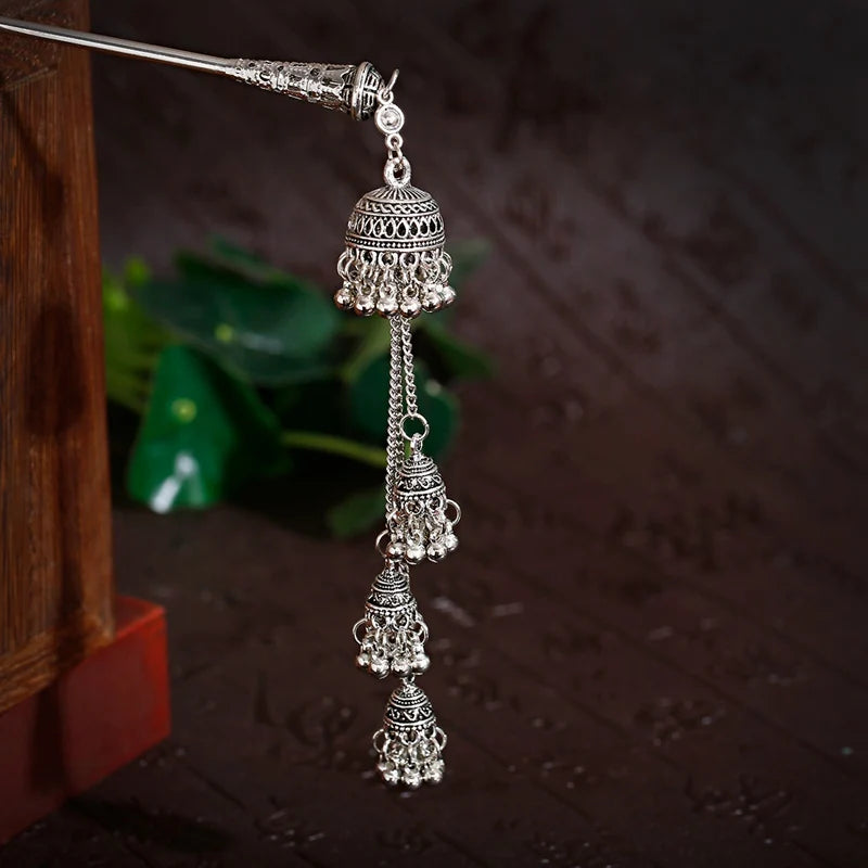 Silver Indian Bells Hairpin Tassel Pendant Hair Sticks for Women