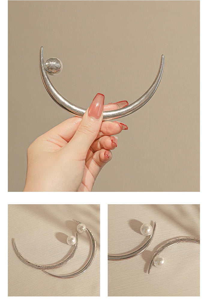 Vintage Silver Moon Hairpin Pearl Metal Hair Sticks for Women Headwear