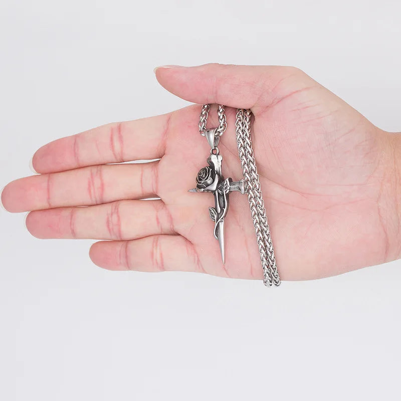 Vintage Silver Rose Necklace Gothic Punk Long Sweater Chain Banquet Jewelry