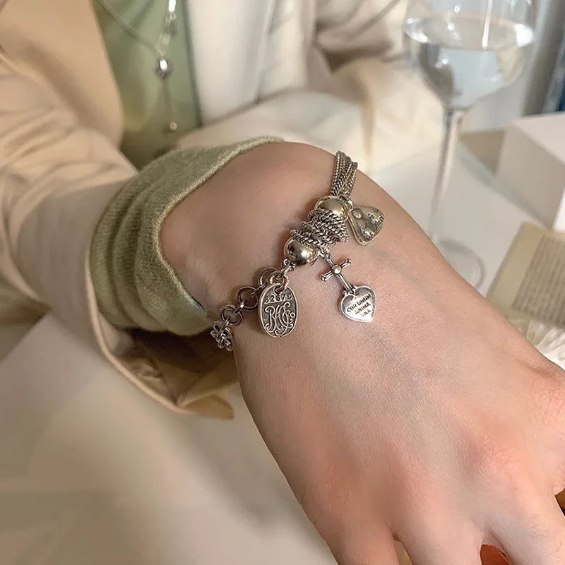 Vintage Silver Tassel Cross Heart Charm Bracelet Bangle Women Girls Jewelry