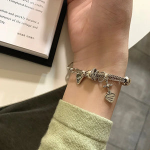 Vintage Silver Tassel Cross Heart Charm Bracelet Bangle Women Girls Jewelry