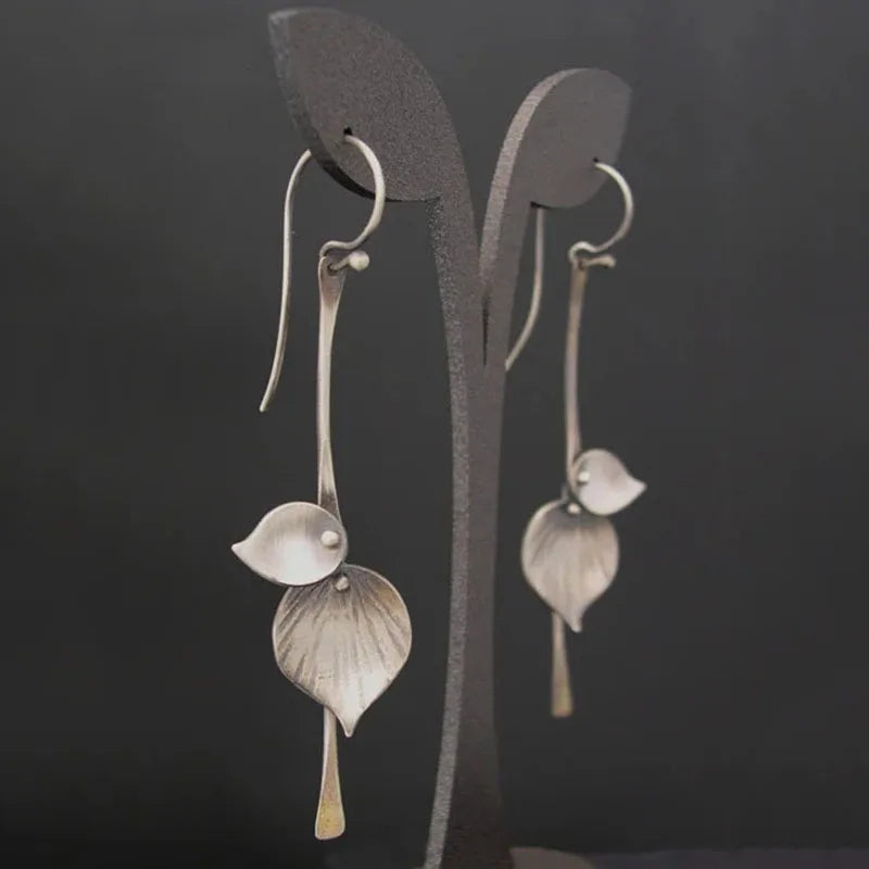 Boho Earrings Tribal Antique Silver Flower Dangle