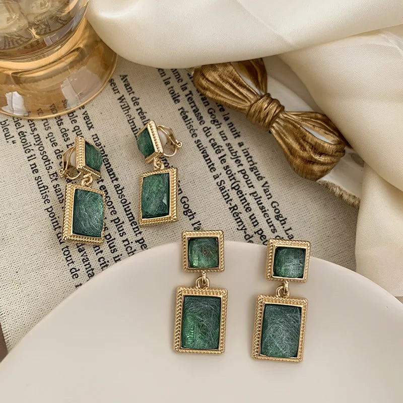 Vintage Green Crystal Square Clip on Earrings