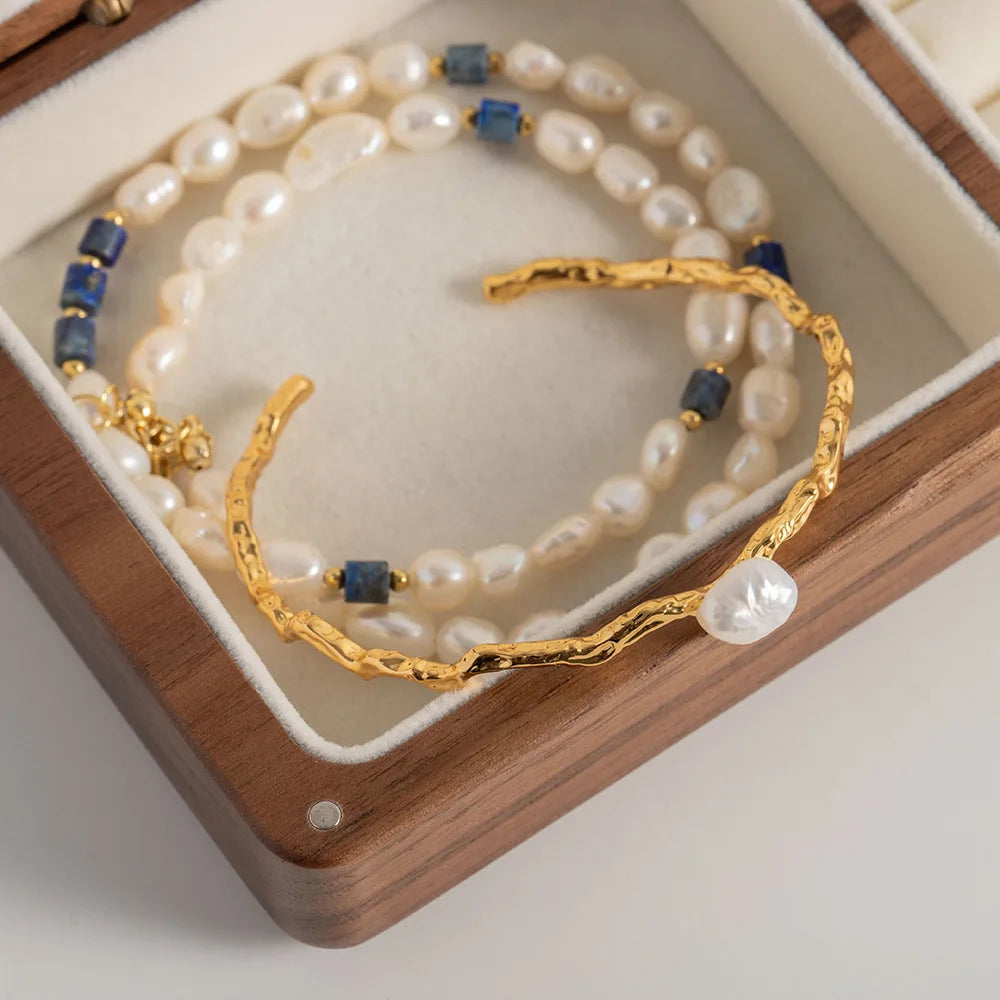 Vintage Texture Freshwater Pearl Brass Bracelet Women French Jewelry