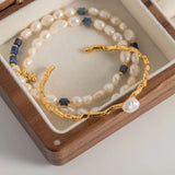 Vintage Texture Freshwater Pearl Brass Bracelet Women French Jewelry