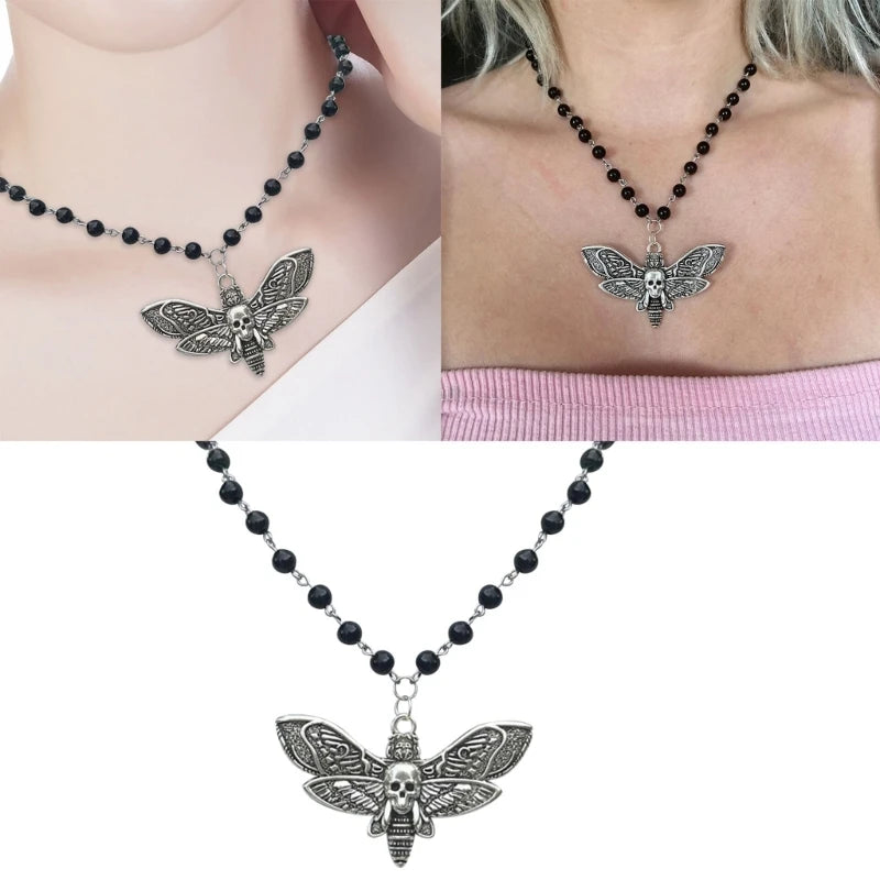 Skull Death Moth Pendant Necklace Gothic Punk Biker Choker