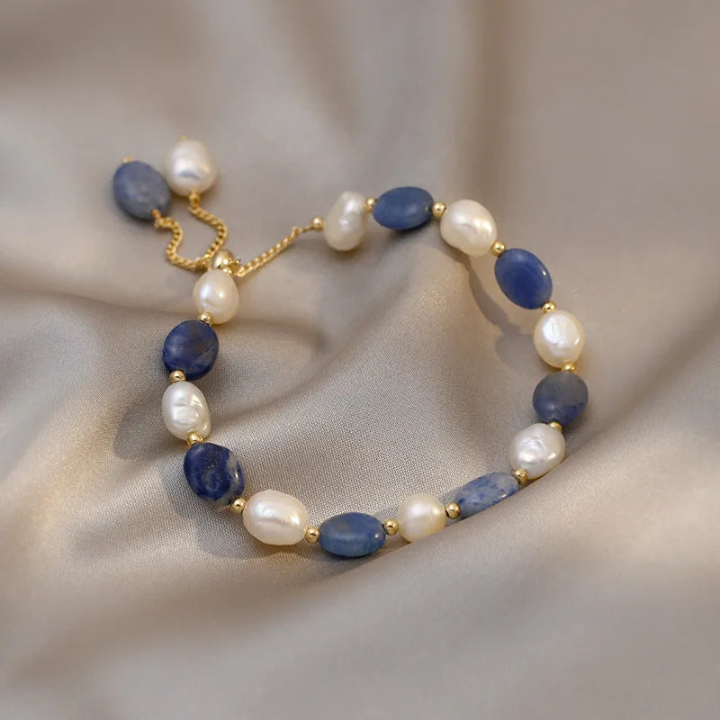 Vintage Sky Natural Stone Pearl Bracelet Stainless Steel Cuff Jewelry
