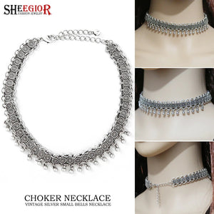 Vintage Small Bell Choker Necklace Retro Silver Coin Pendant