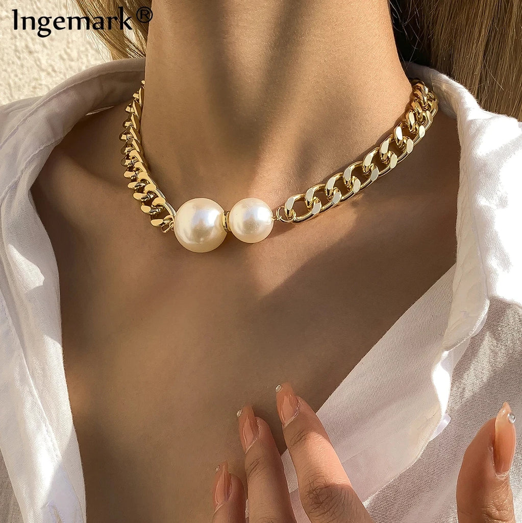 Vintage Cuban Chains Necklaces Gothic Pearl Pendant Necklace Women
