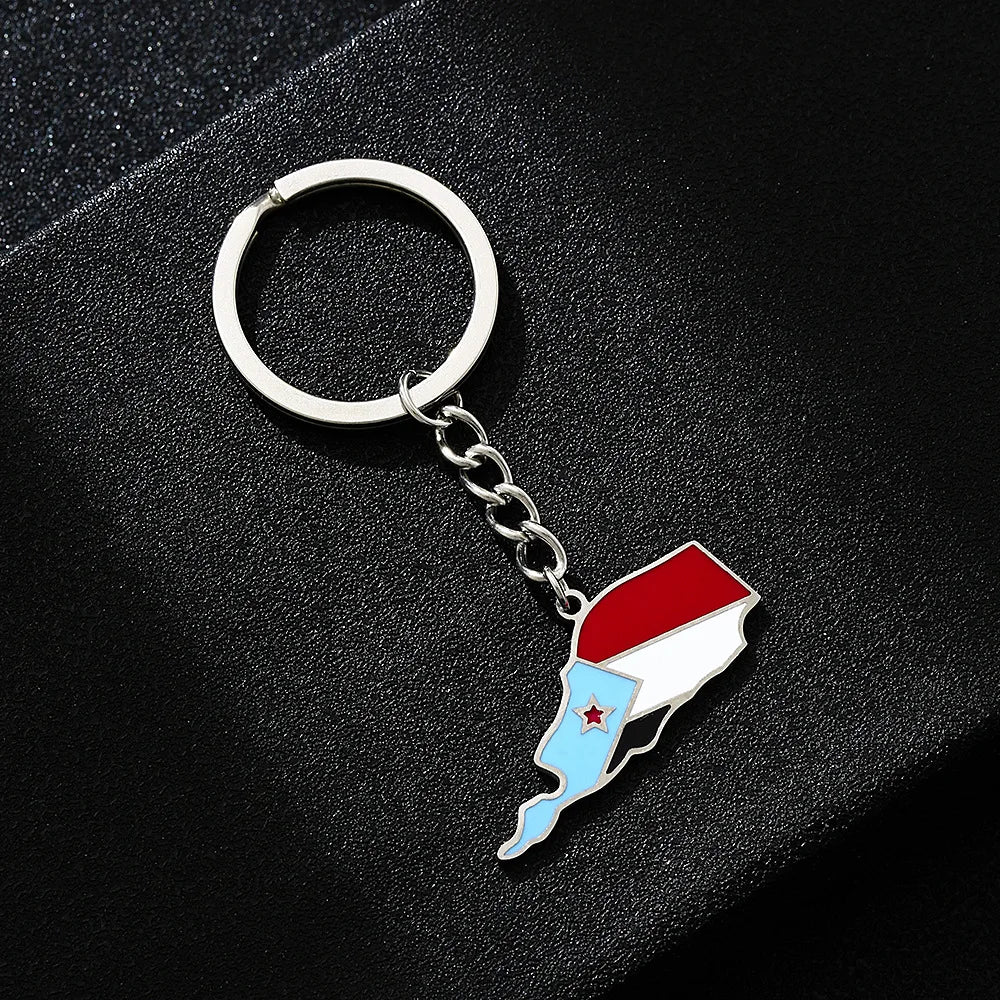 Vintage South Yemen Map Flag Ethnic Style Stainless Steel Keychain