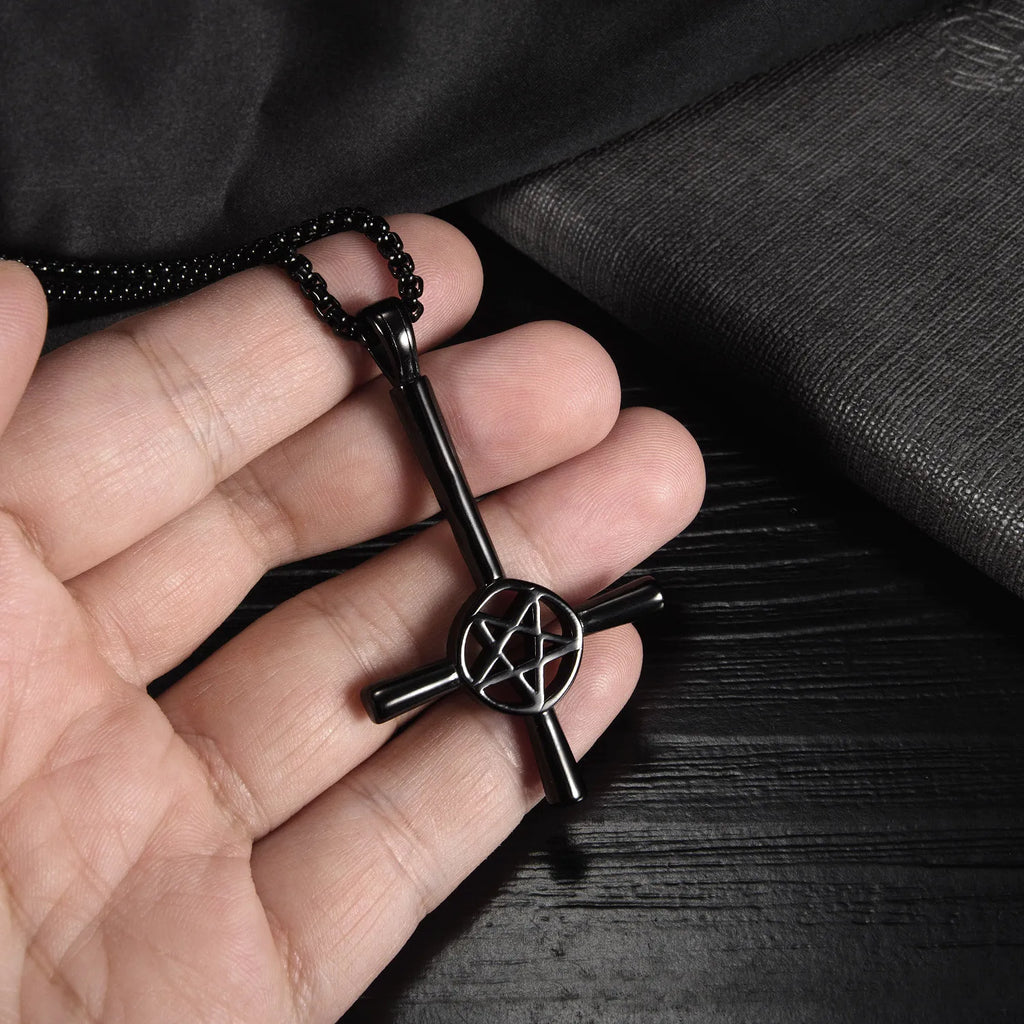 Vintage Stainless Steel Men?s Necklace Pentagram Inverted Cross Pendant