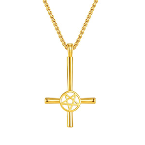 Vintage Stainless Steel Men?s Necklace Pentagram Inverted Cross Pendant