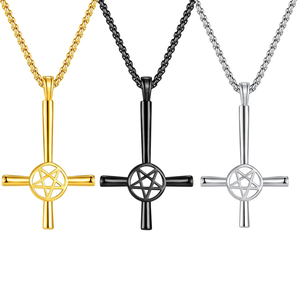 Vintage Stainless Steel Men?s Necklace Pentagram Inverted Cross Pendant